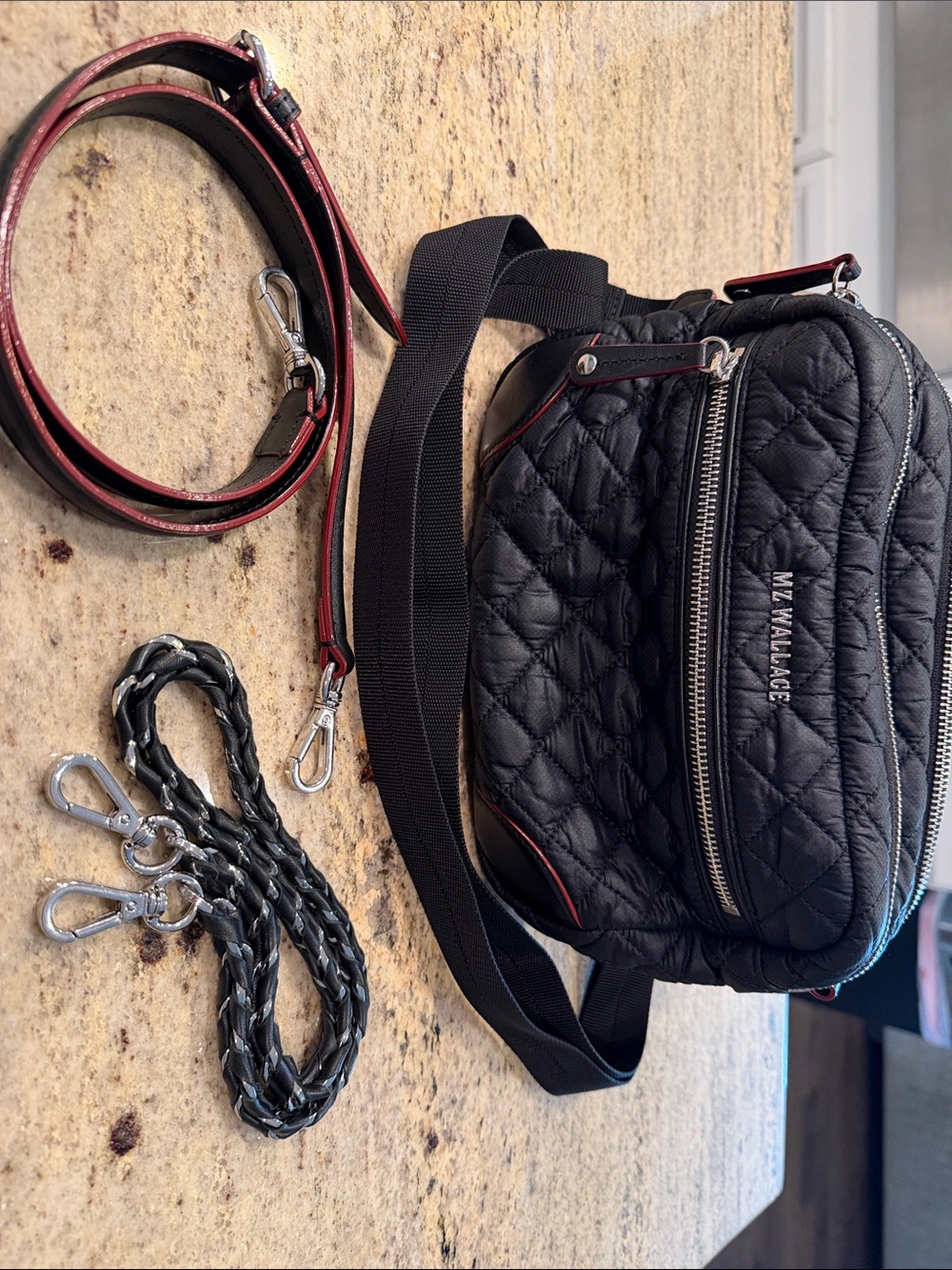 MZ Wallace Black Quilted Shoulder Bag with Red Trim